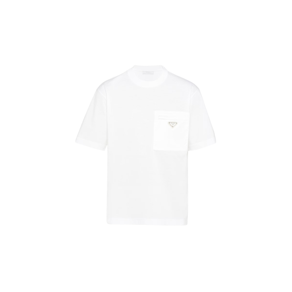 T-shirt col rond PRADA ersey coton blanc poche poitrine Re Nylon