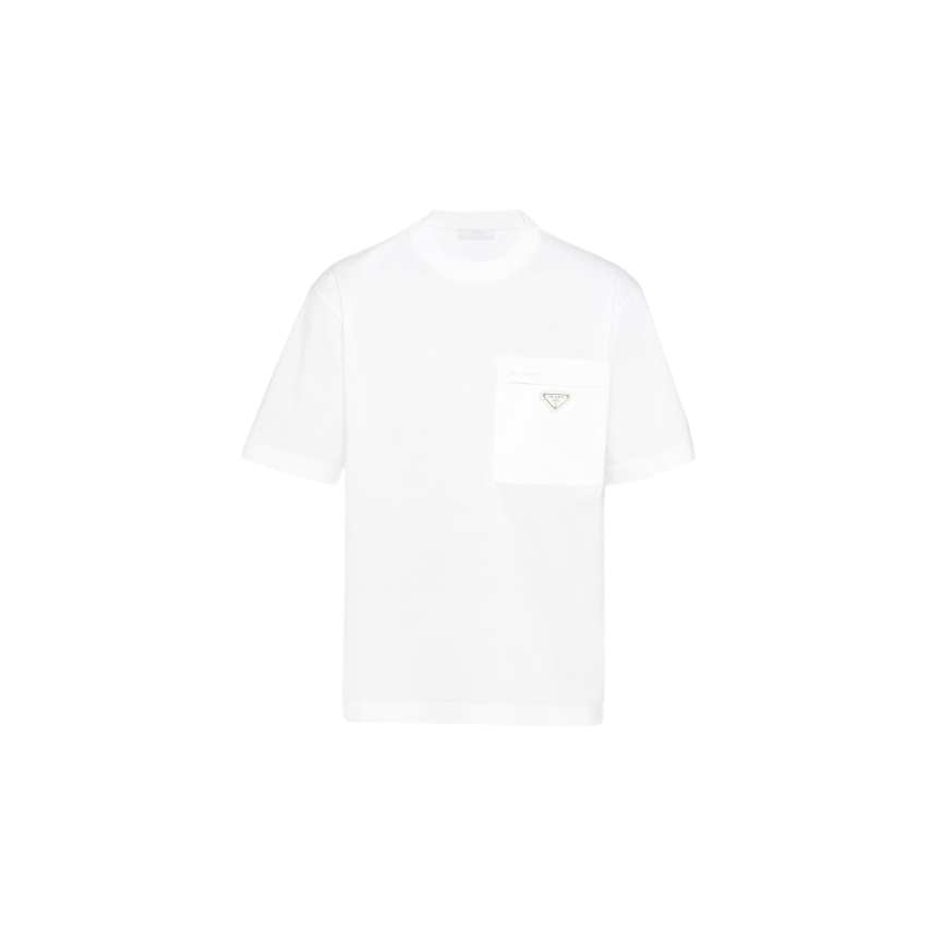 T-shirt col rond PRADA ersey coton blanc poche poitrine Re Nylon