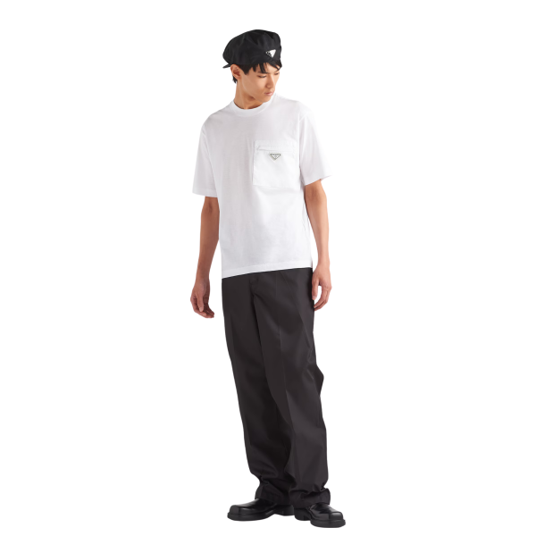 T-shirt col rond PRADA ersey coton blanc poche poitrine Re Nylon