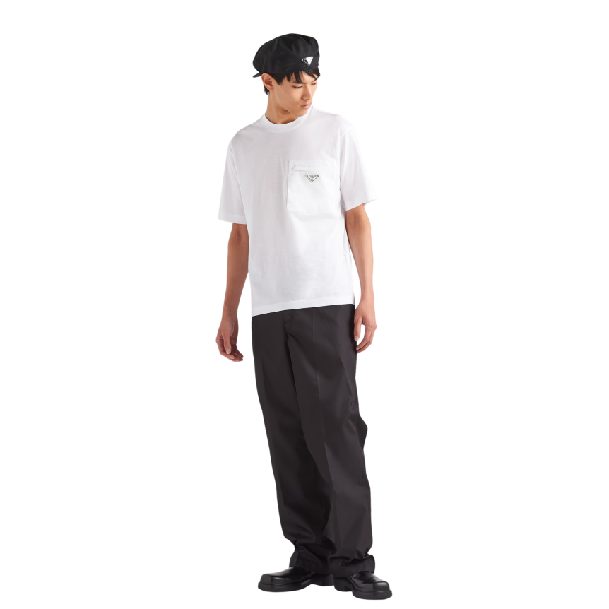 T-shirt col rond PRADA ersey coton blanc poche poitrine Re Nylon