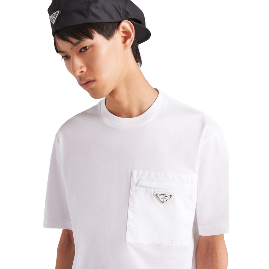 T-shirt col rond PRADA ersey coton blanc poche poitrine Re Nylon