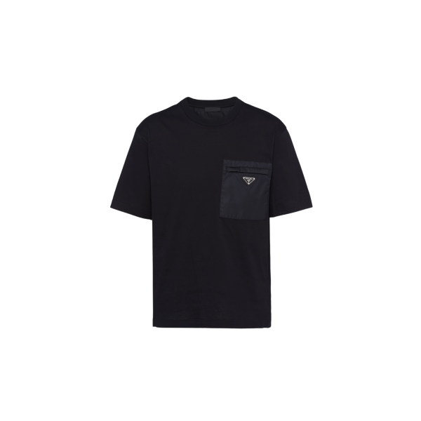 T-shirt col rond PRADA jersey coton noir poche poitrine Re Nylon