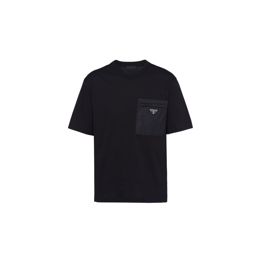 T-shirt col rond PRADA jersey coton noir poche poitrine Re Nylon