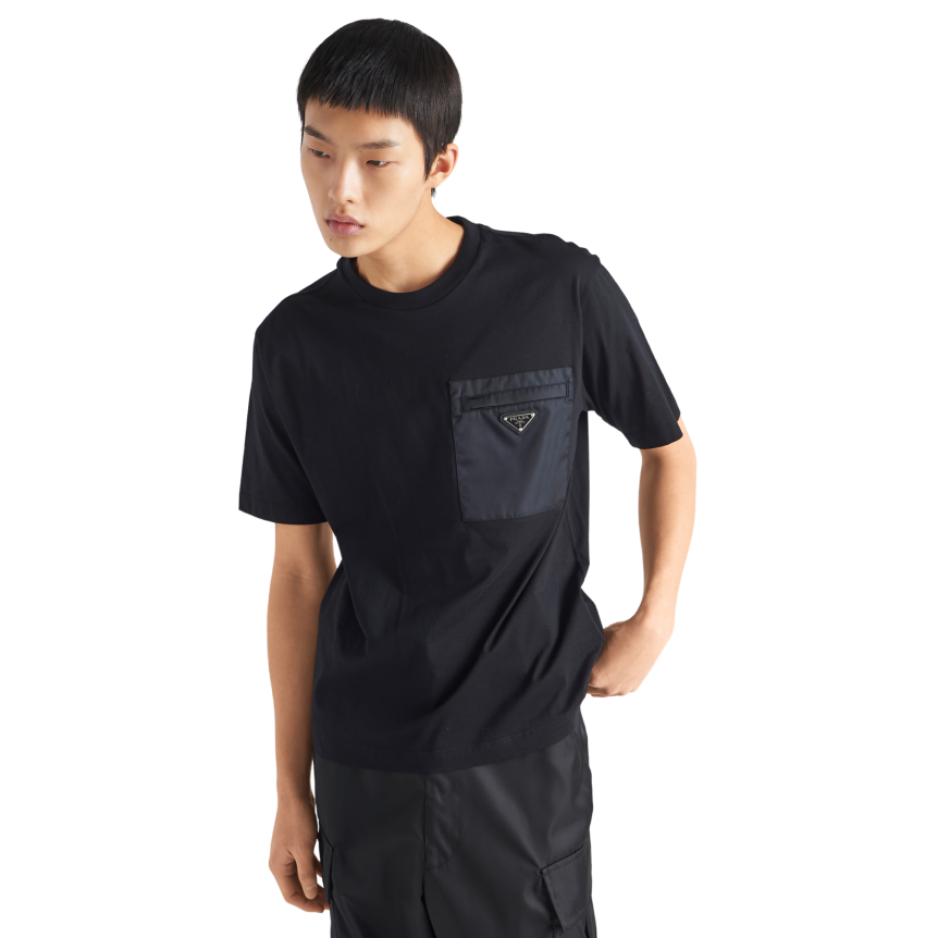 T-shirt col rond PRADA jersey coton noir poche poitrine Re Nylon