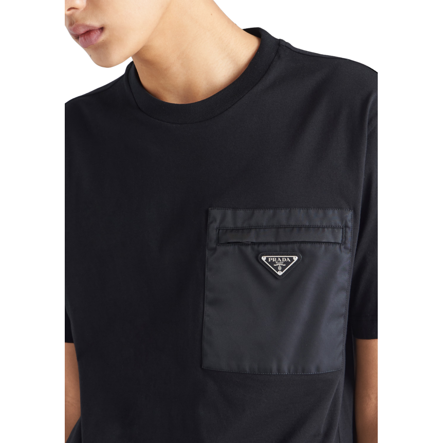 T-shirt col rond PRADA jersey coton noir poche poitrine Re Nylon