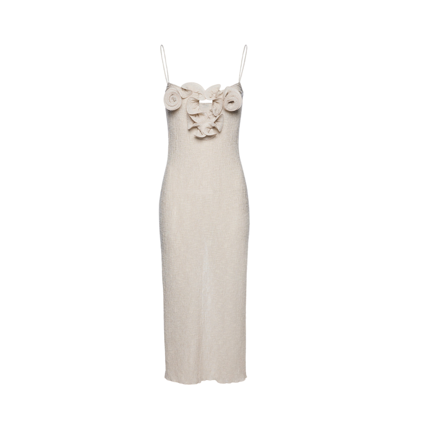 Robe longue de plage MAGDA BUTRYM à bretelles beige fleurs poitrine