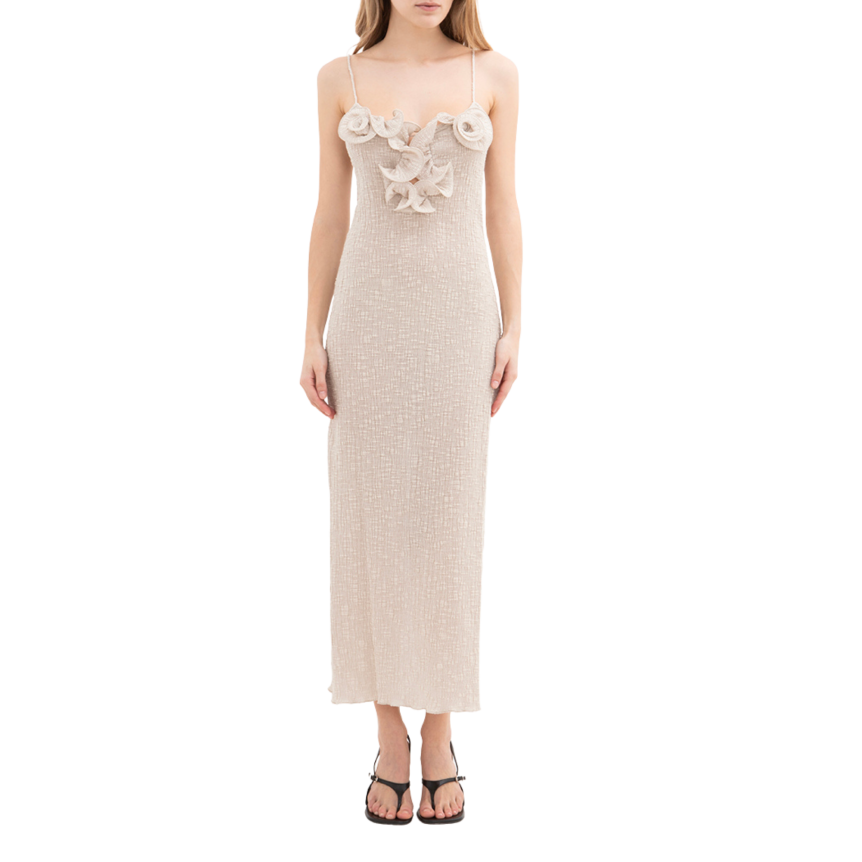 Robe longue de plage MAGDA BUTRYM à bretelles beige fleurs poitrine