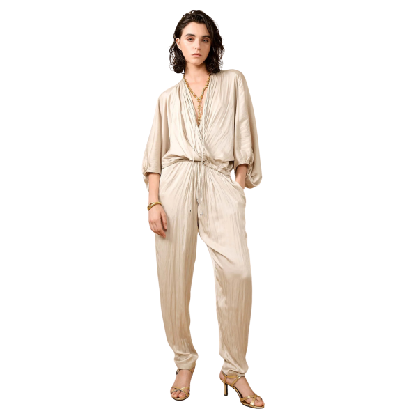 Combinaison BARBARA BUI col V pantalon satin froissé beige