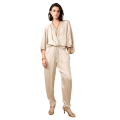 Combinaison col V pantalon satin froissé beige