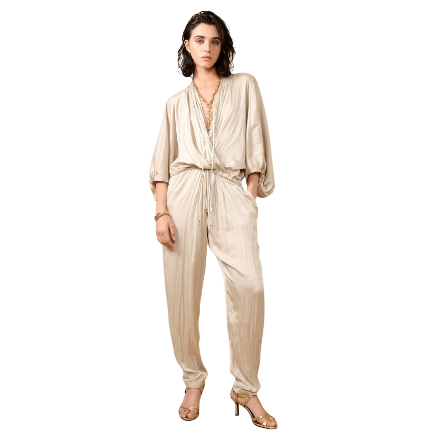 Combinaison BARBARA BUI col V pantalon satin froissé beige