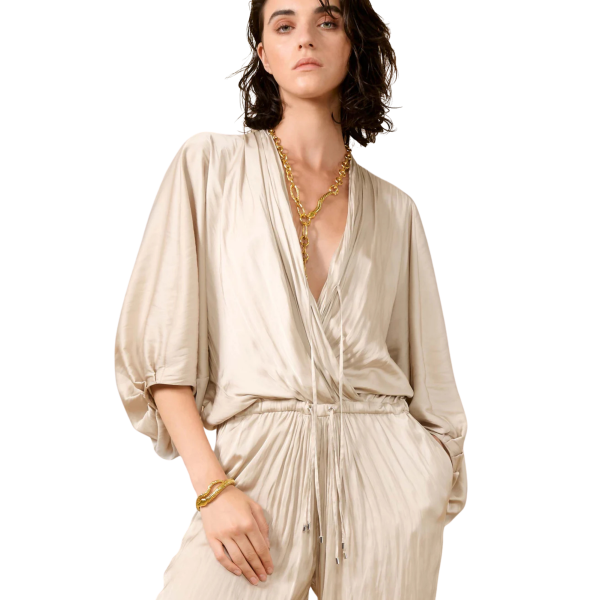 Combinaison BARBARA BUI col V pantalon satin froissé beige