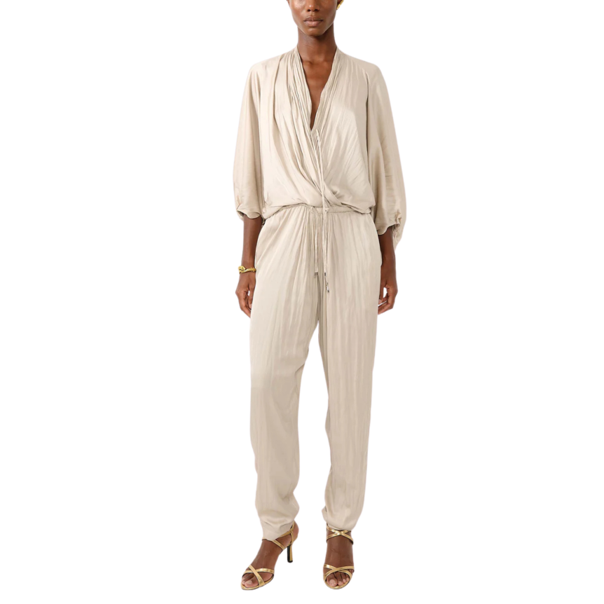 Combinaison BARBARA BUI col V pantalon satin froissé beige