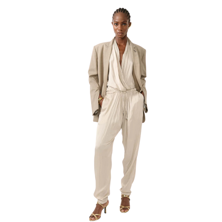 Combinaison BARBARA BUI col V pantalon satin froissé beige