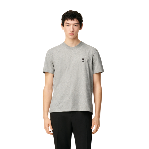 T-shirt AMI Paris jersey coton léger gris chiné broderie poitrine coeur noir