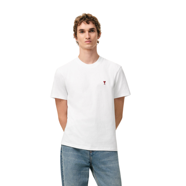 T-shirt col rond AMI Paris manche courte coton blanc broderie coeur rouge
