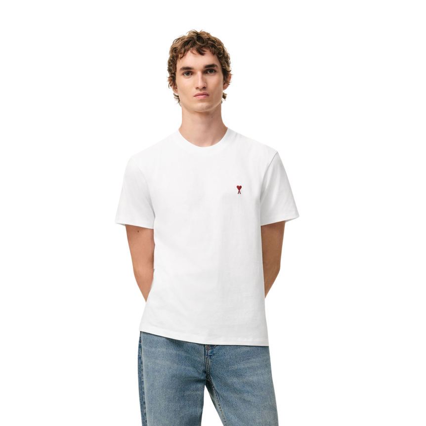 T-shirt col rond AMI Paris manche courte coton blanc broderie coeur rouge