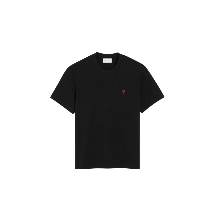 T-shirt col rond AMI Paris manche courte coton noir broderie coeur rouge