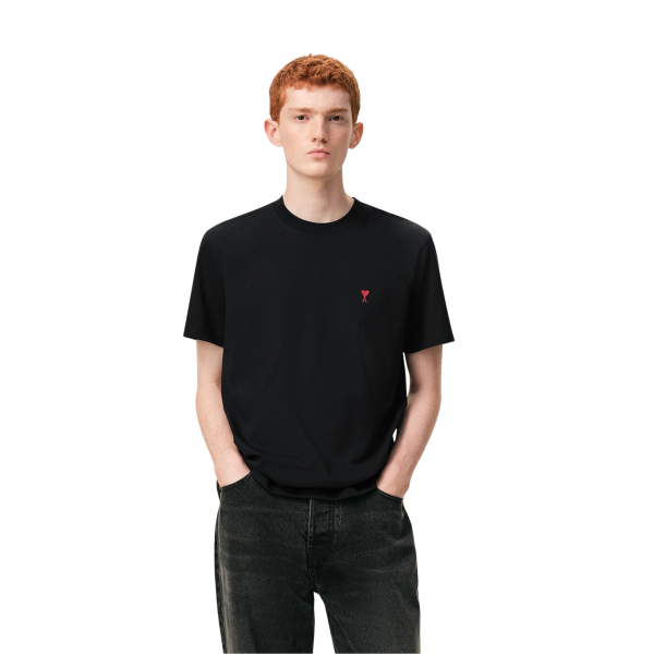 T-shirt col rond AMI Paris manche courte coton noir broderie coeur rouge