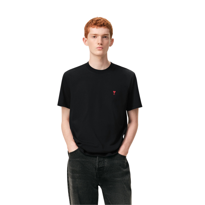 T-shirt col rond AMI Paris manche courte coton noir broderie coeur rouge