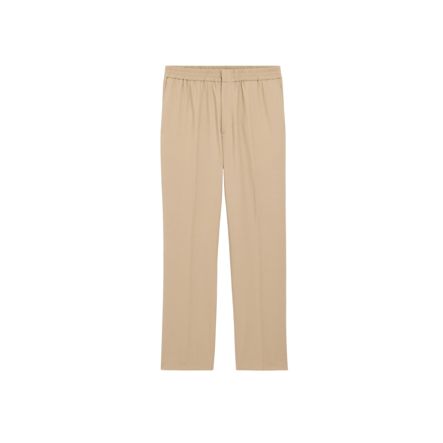 Pantalon droit AMI Paris taille élastique gabardine laine beige