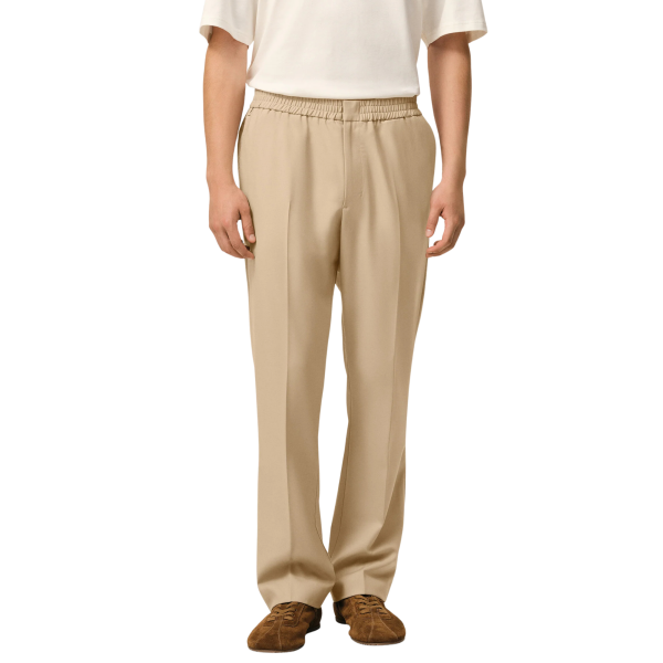 Pantalon droit AMI Paris taille élastique gabardine laine beige