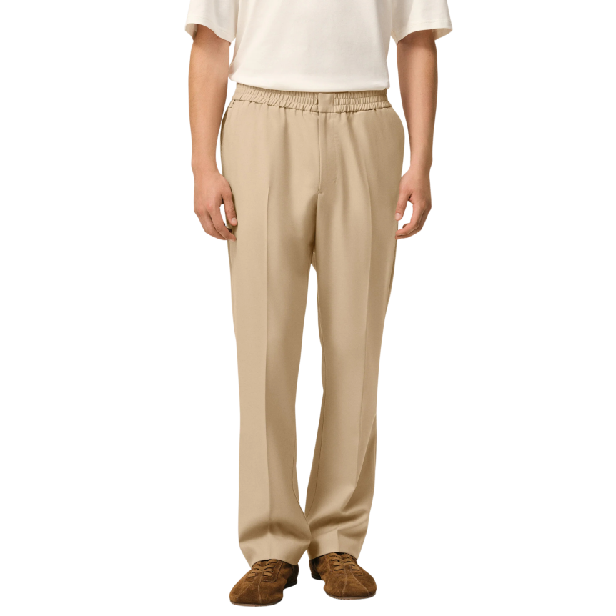 Pantalon droit AMI Paris taille élastique gabardine laine beige