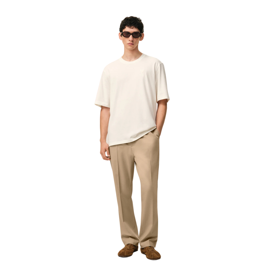 Pantalon droit AMI Paris taille élastique gabardine laine beige