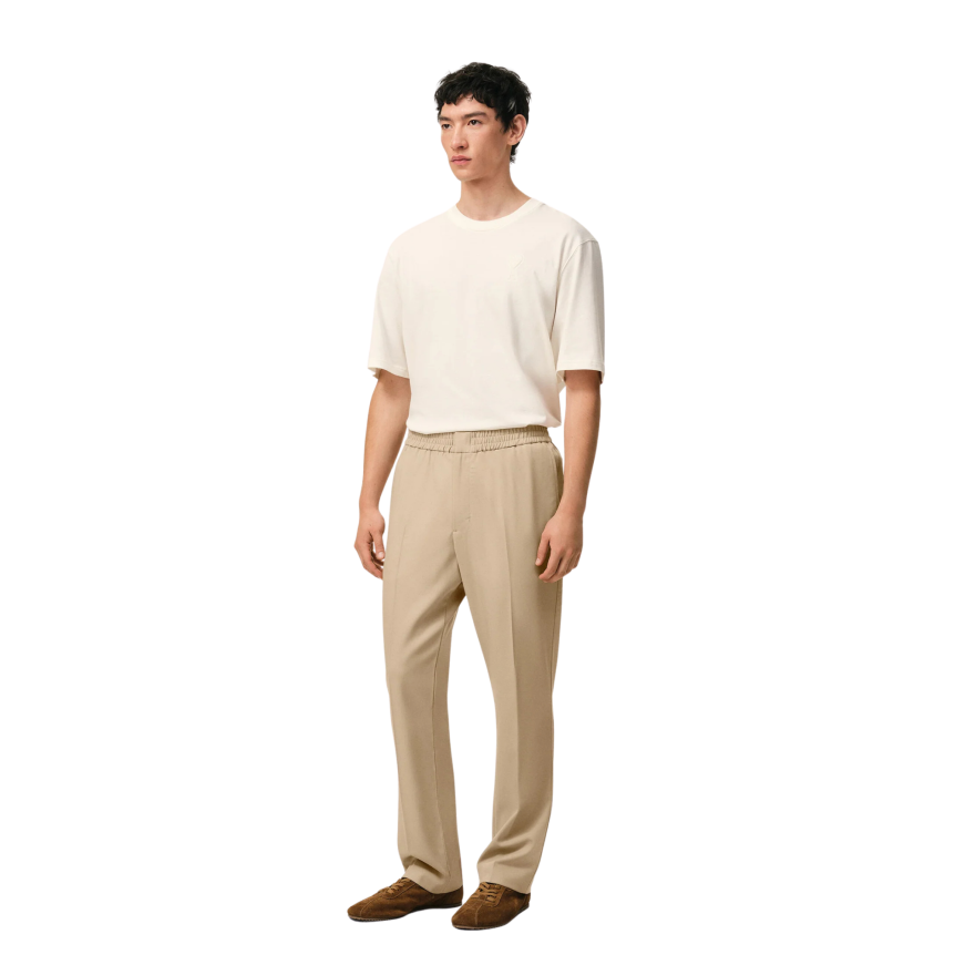 Pantalon droit AMI Paris taille élastique gabardine laine beige