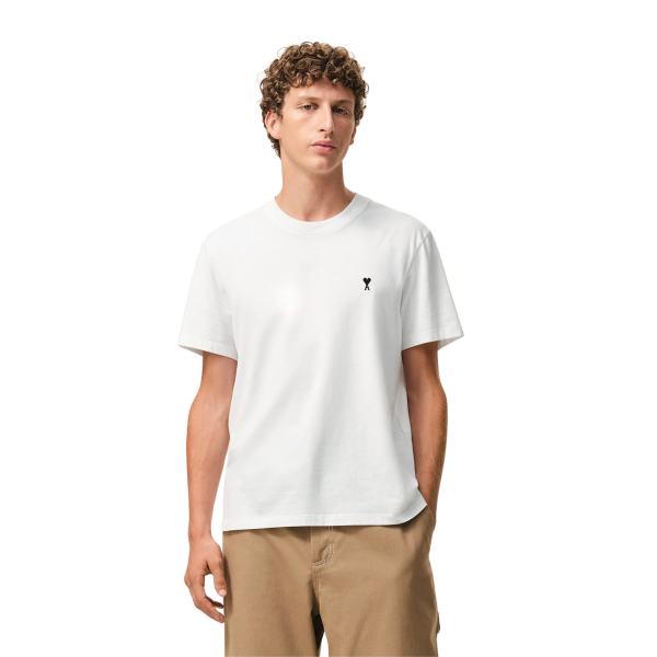 T-shirt col rond AMI Paris manche courte coton blanc broderie coeur noir