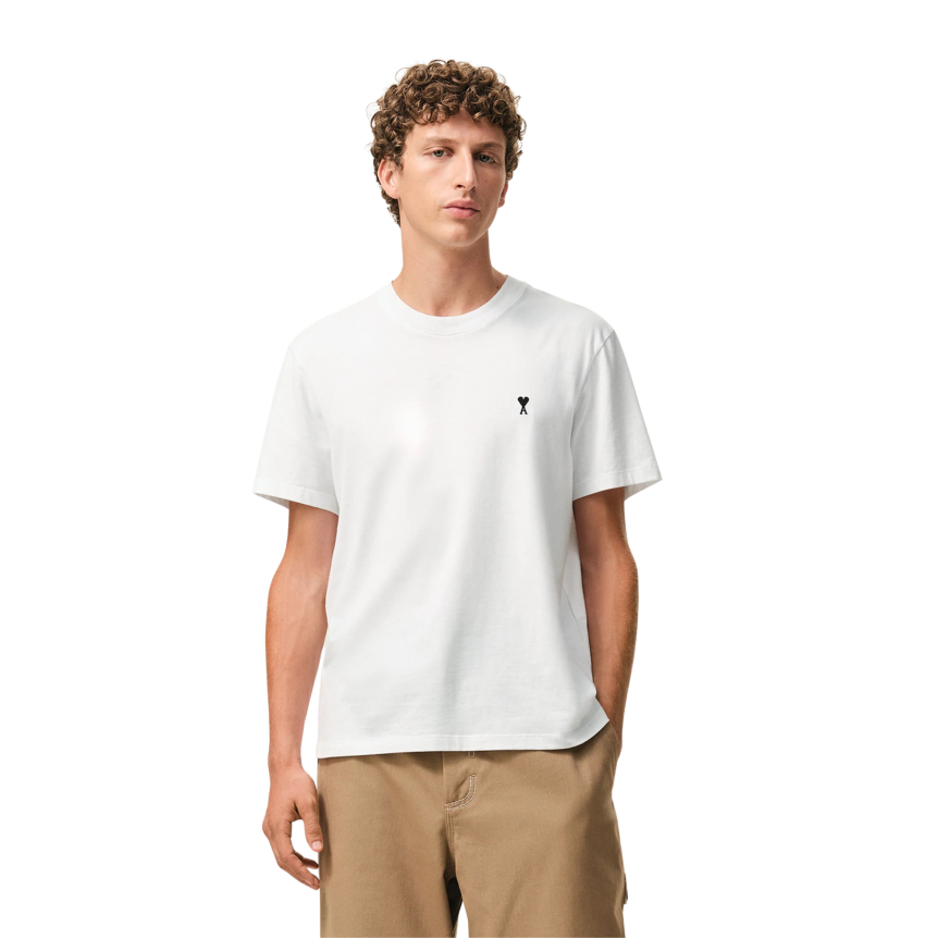 T-shirt col rond AMI Paris manche courte coton blanc broderie coeur noir