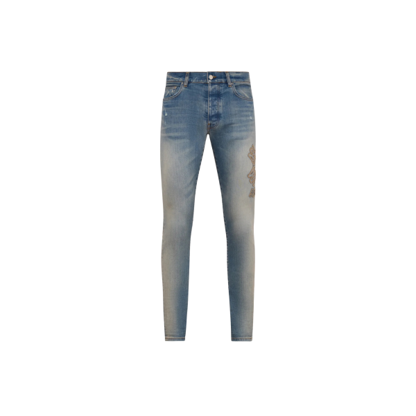 Jean skinny AMIRI denim stretch bleu délavé broderie MA QUAD