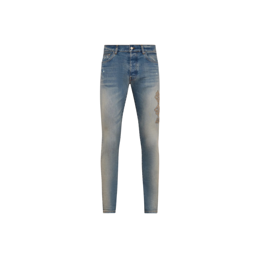 Jean skinny AMIRI denim stretch bleu délavé broderie MA QUAD