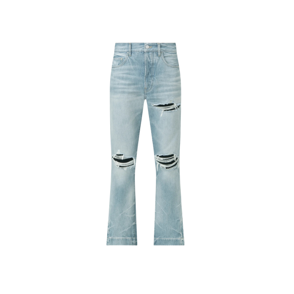 Jean AMIRI droit évasé MX1 denim coton bleu clair empiècement cuir noir
