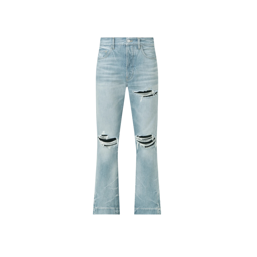 Jean AMIRI droit évasé MX1 denim coton bleu clair empiècement cuir noir
