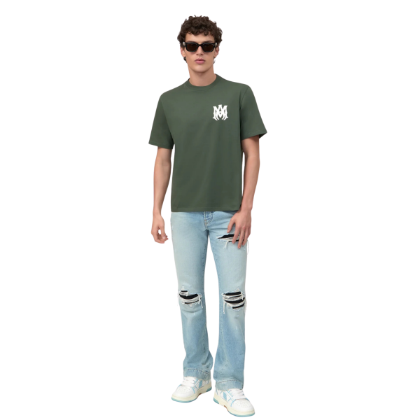 Jean AMIRI droit évasé MX1 denim coton bleu clair empiècement cuir noir