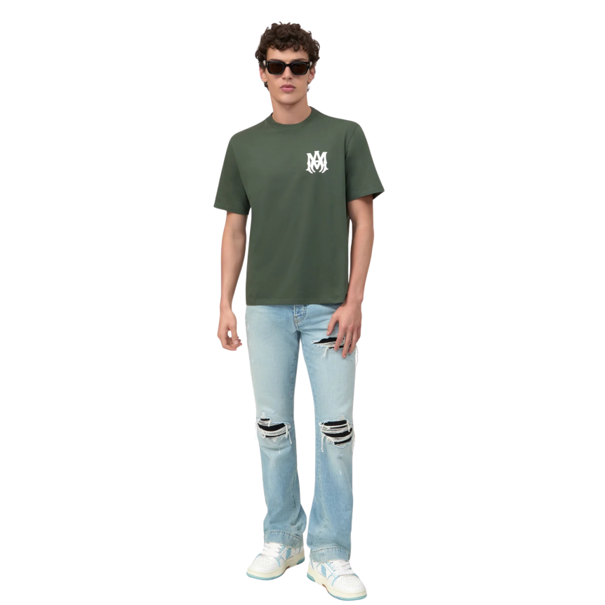 Jean AMIRI droit évasé MX1 denim coton bleu clair empiècement cuir noir