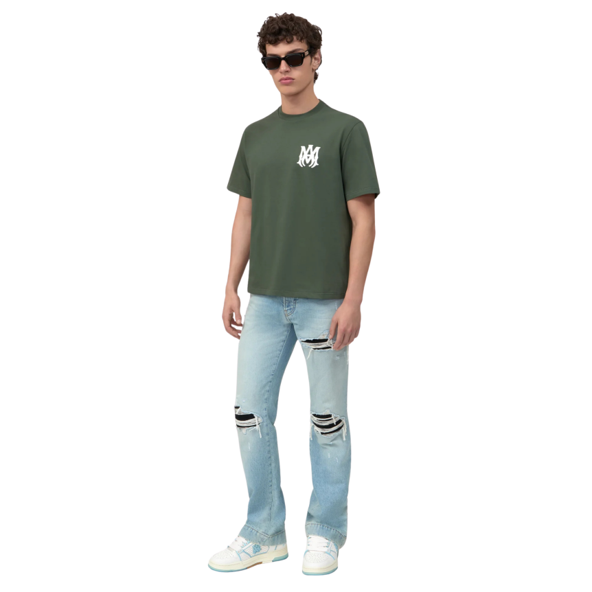 Jean AMIRI droit évasé MX1 denim coton bleu clair empiècement cuir noir