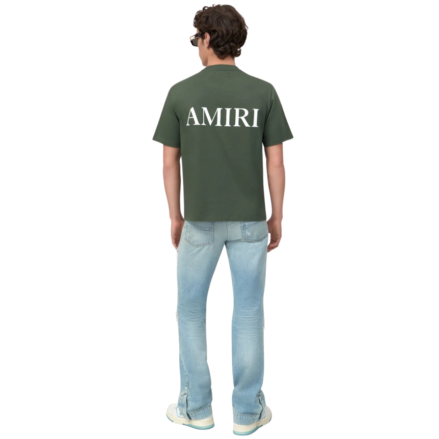 Jean AMIRI droit évasé MX1 denim coton bleu clair empiècement cuir noir
