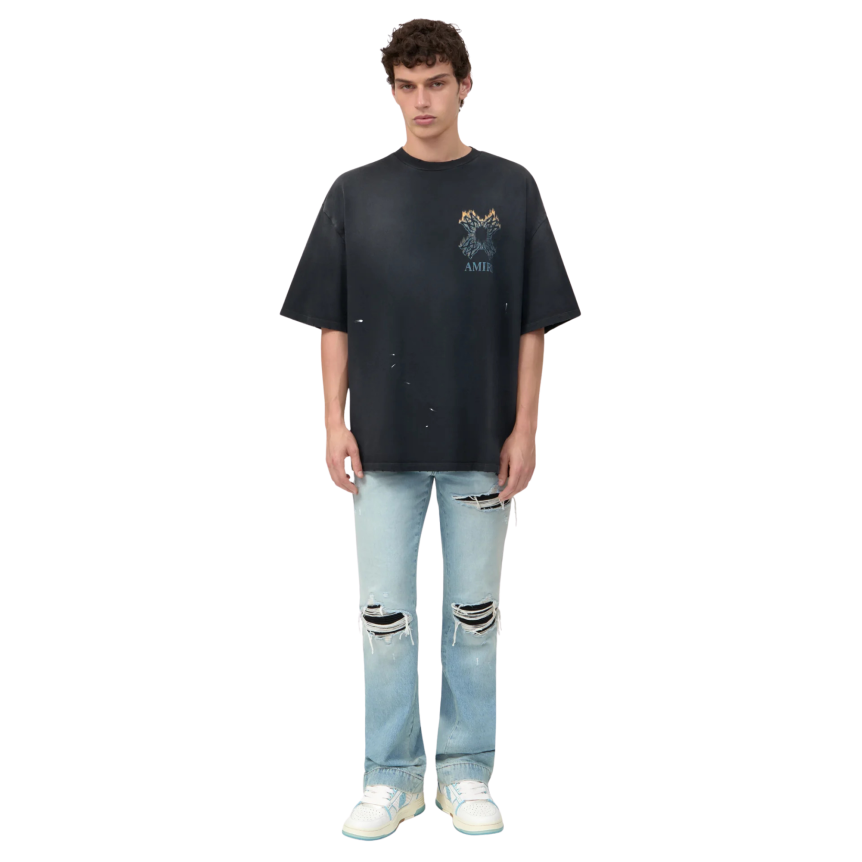 T-shirt oversize AMIRI coton noir délavé MA Quad flamme jaune
