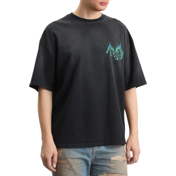 T-shirt AMIRI oversize coton noir délavé logo flamme bleu vert dos