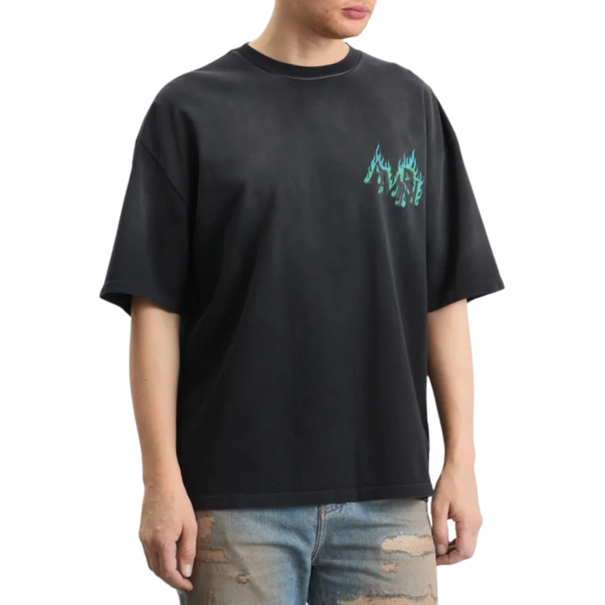 T-shirt AMIRI oversize coton noir délavé logo flamme bleu vert dos