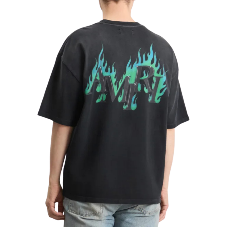 T-shirt AMIRI oversize coton noir délavé logo flamme bleu vert dos