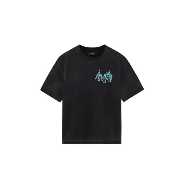 T-shirt AMIRI oversize coton noir délavé logo flamme bleu vert dos
