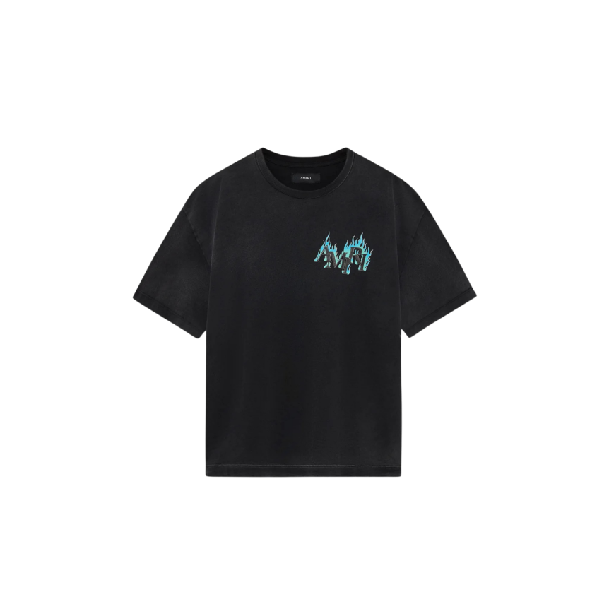 T-shirt AMIRI oversize coton noir délavé logo flamme bleu vert dos