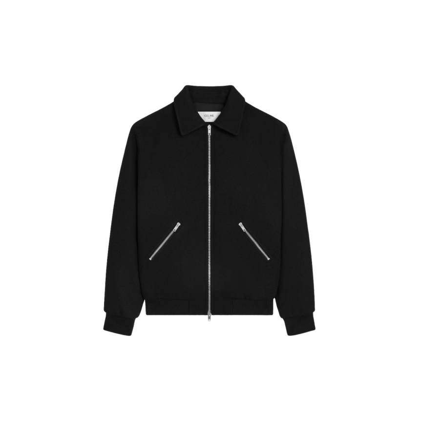 Blouson CELINE teddy zippé laine noire broderie triomphe ton sur ton dos