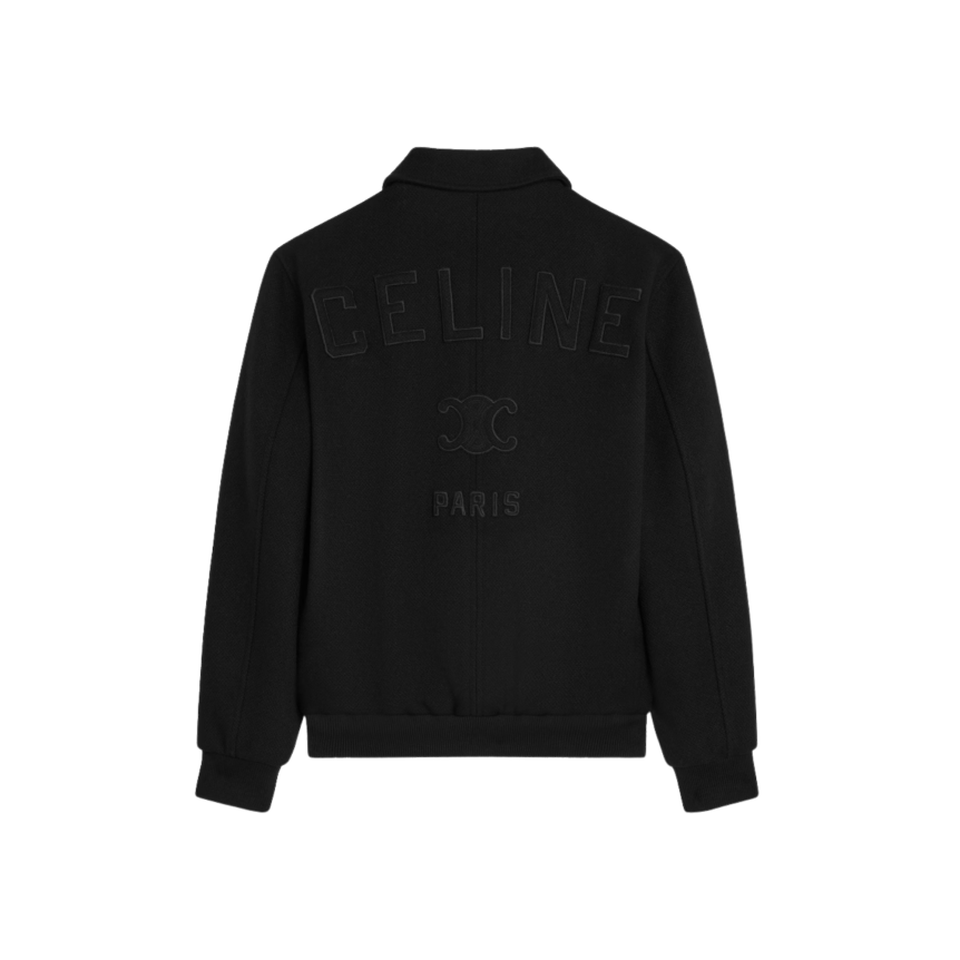 Blouson CELINE teddy zippé laine noire broderie triomphe ton sur ton dos