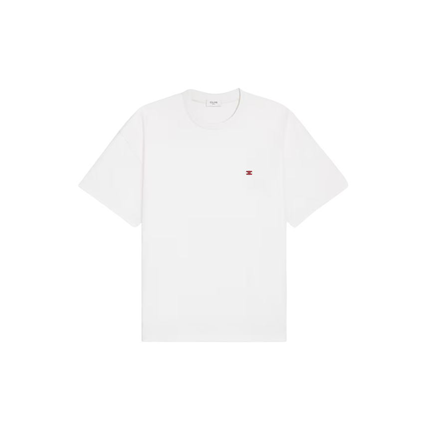 T-shirt col rond CELINE jersey coton blanc broderie logo Triomphe rouge