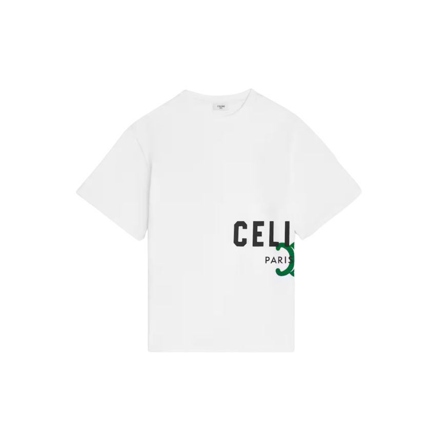 T-shirt col rond oversize jersey coton blanc imprimé Celine noir Triomphe vert