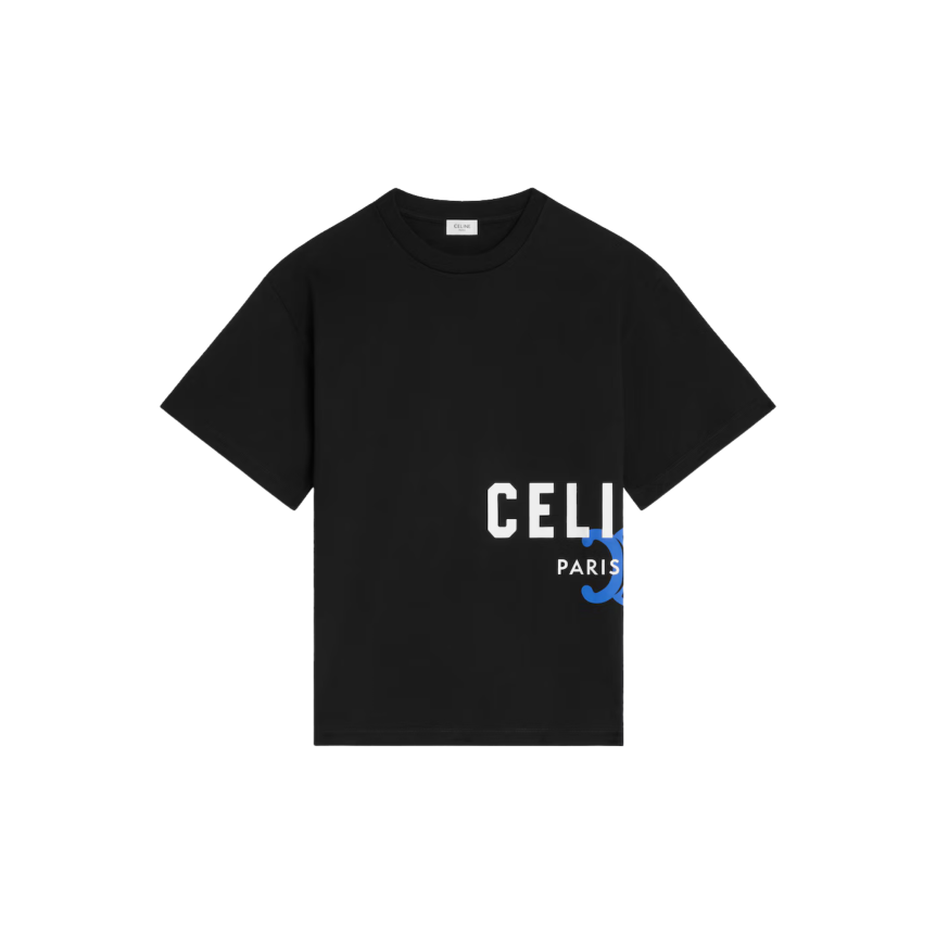 T-shirt col rond oversize jersey coton noir imprimé Celine blanc Triomphe bleu