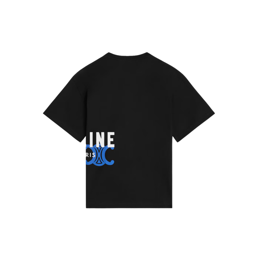 T-shirt col rond oversize jersey coton noir imprimé Celine blanc Triomphe bleu